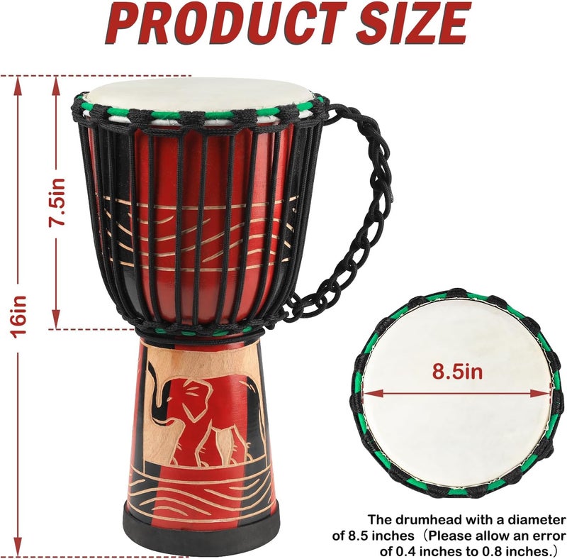 GOGHOST Wood Djembe Drum, 8.5'' x 16''Carved Red Elephant Mahogany African Drums with Goatskin Drumhead, West African Styled Professional Djembe Hand Drum for Adults Beginners - Image 2